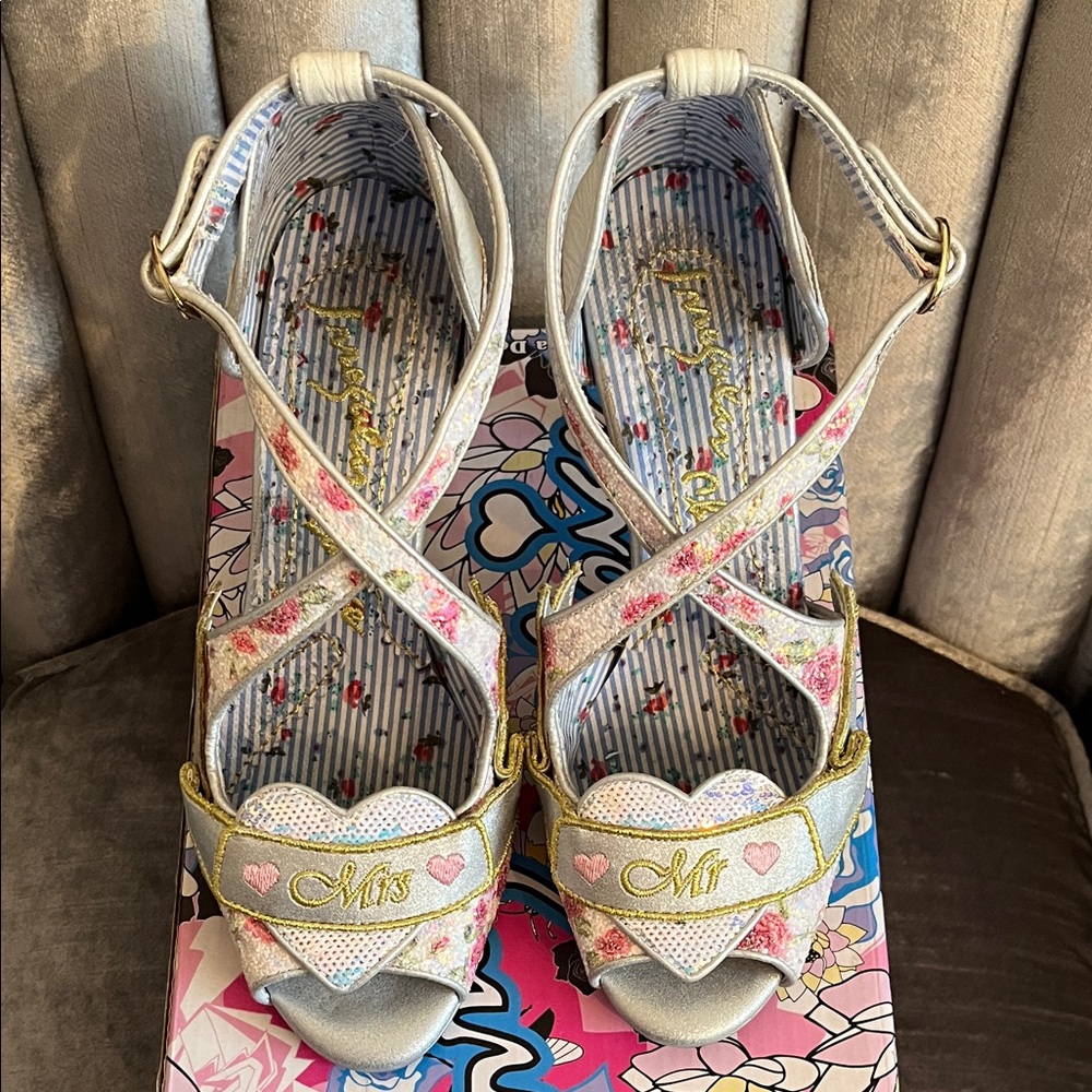 Irregular Choice White Pink Gold Floral Heart Strap Heels wedding bride marriage